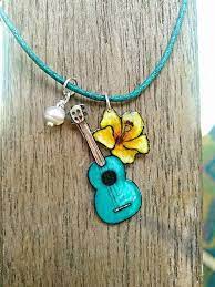 Aqua Ukulele Withyellow Hibiscus And Pearl Necklace Ukulele Gifts Ukulele Necklace