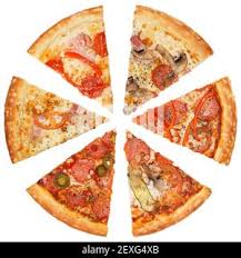 Italian Pizza And Pizzeria Concept Different Pizza Set For Menu Take Away Food With Various Ingredients And Crunchy Edge Pizza Circles With Meat Mushrooms Tomatoes And Cheese On Wooden Background Stock Photo