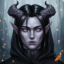 Portrait of a Tiefling Echo Knight Bard with purple skin, silver eyes, and  dark navy blue hair adorned with jewelry