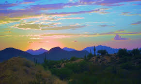 Arizona desert sunset with cacti silhouetted in foreground, with a saguaro on the right. Arizona Desert Sunset Photograph By Richard Jenkins