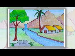 Gambar berikut juga cocok buat anak sd kelas 1 2 dan 3 karena gambar sudah mulai kompleks dengan banyak detail seperti pohon gunung awan sawah matahari dan lain lain. How To Draw Simple Scenery For Kids Village Scenery Drawing Youtube Scenery Drawing For Kids Scenery Drawing House Drawing For Kids