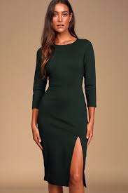Embrace Dark Green Three Quarter Sleeve Bodycon Midi Dress Midi Dress Bodycon Bodycon Dress With Sleeves Three Quarter Sleeve Dresses