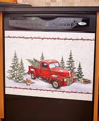 Old Red Pickup Truck Snow Scene Dishwasher Magnet Kitchen Home Decor Automobilia Christmas Red Truck Vintage Country Lakeside Collection