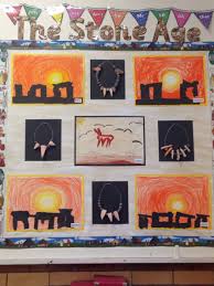 Stone Age Art By Year 3 Stonehenge Silhouettes On Sunrise Backgrounds Clay Necklaces On Wire And Tea Stained Cave Paint Stone Age Art Stone Age Stone Age Ks2