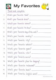 Read And Complete My Favourites English Esl Worksheets For Distance Learning And P In 2020 English Lessons For Kids Learn English Words English Worksheets For Kids