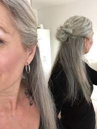 Half Up Messy Bun Grey Hair Long Silver Hair Grey Hair Styles For Women Long Gray Hair