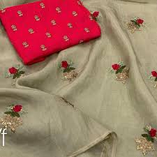Saree has a single mustard color wool thread embroidery work in running fashion trend. Green Shade Chanderi Silk With Embroidery Work Saree With Blouse