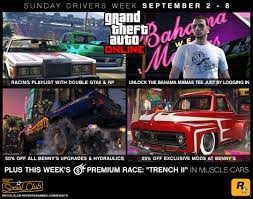 Yesterday i got back on gta and i purchased a vehicle from bennys garage website and i . Gta Online Sunday Drivers Week Double Gta Rp Racing Playlist 50 Off Upgrades At Benny S More Sept 2 8 Rockstar Games