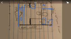 Navy blue hues repeat on this shower's floor tile and shelving backsplash. Please Help Back To Back Bathroom Layout Remodel