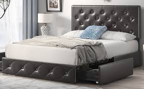 Use the six 18 deep drawers (three on each side) included in this mate's bed to stow away blankets, linens and anything else that won't quite fit into your other bedroom furniture, and conserve. Amazon Com Sha Cerlin Queen Size Bed Frame With 4 Storage Drawers Faux Leather Upholstered Storage Bed Frame Easy Assembly Dark Brown Black Kitchen Dining