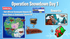 These major quests reward the exclusive holiday skins of snowmando and frost squad, all exclusive to 2020's christmas event. Fnassist News Leaks On Twitter Fortnite Operation Snowdown Day 1 Visit Different Snowmando Outposts 5 Frost In Action Loading Screen Search Chests At Snowmando Outposts 5