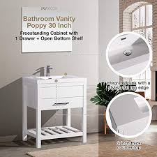 Rounding out the design, the white ceramic countertop features an integrated porcelain sink. Poppy 30 Inch Bathroom Vanity With Sink Freestanding Cabinet With 1 Drawer Open Bottom Shelf White Countertop With Integrated Sink White Color Assembled Vanity By Flairwood Decor Walmart Com Walmart Com
