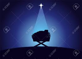 Christmas Scene Of Baby Jesus In The Manger In Silhouette Surrounded By Light Of Star Christian Nativity Greeting Card With Illustration Birth Of Christ Vector Banner Royalty Free Cliparts Vectors And Stock