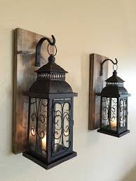 Lantern Pair Wall Decor Wall Sconces Bathroom Decor Housewarming Gift Wrought Iron Hook Rustic Wood Boards Bedroom Lanterns Decor Rustic Wall Decor Decor