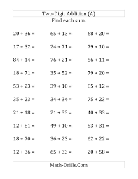 Horizontal Two Digit Addition No Regrouping Large Print Math Drills Childrens Worksheets Math Activities