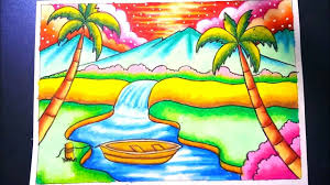 Crayon caran d'ache neo 1 (40 warna). Menggambar Pemandangan Air Terjun Dan Gunung Drawing Scenery Of Waterf Art Drawings For Kids Drawing Scenery Bird Paintings On Canvas