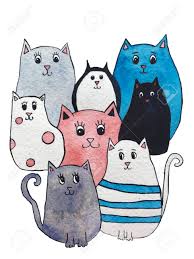 It has large, soulless eyes bulging out of his head, all black fur. Watercolor Illustration Of Bright Cute Cats Cartoon Characters Stock Photo Picture And Royalty Free Image Image 110637817