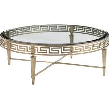 Lexington Deerfield Round Cocktail Table Greek Key Trim Glass Insert Gold Leaf Metal Base In 2020 Gold Coffee Table Round Cocktail Tables Elegant Coffee Table