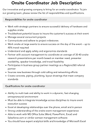 Onsite Coordinator Job Description | Velvet Jobs