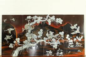 Solid acacia wood frame in an acorn finish. Oriental Vietnamese Mid Century Wall Art Panels Made Of Mother Of Pearl 146978