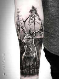 Black And White Realism Tattoo Sleeve Deer Forest Realistic Tattoo Black And Grey Joel Meyer Tattoos Pictures Animal Sleeve Tattoo Black And Grey Tattoos Grey Tattoo