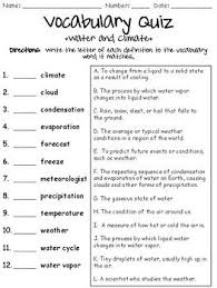 Water And Climate Vocabulary Quiz Vocabulary Quiz Vocabulary Worksheets Weather Worksheets