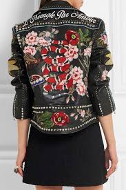 Black Embellished Leather Biker Jacket Gucci Fashion Leather Jackets Women Clothes