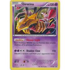 Giratina ex has a weakness to fairy type pokemon and a retreat cost of three energy. Giratina Xy184
