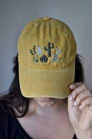 Handmade Embroidered Cactus Mustard Hat Hat Embroidery Embroidered Hats Painted Hats