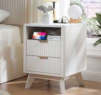 OKD Fluted Nightstand with Charging Station, 18inch Faux Marble Top Side  Table