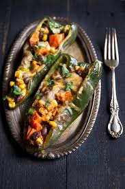 Stuffed Poblano Peppers With Black Bean Corn Sweet Potato Stuffed Peppers Sweet Potato Vegetarian Food