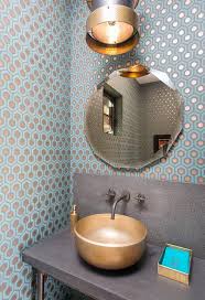 Blue And Gold Hexagon Powder Room Wallpaper Contemporary Bathroom