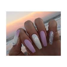 White And Lavender Coffin Nails Nail Art Gallery Liked On Polyvore Featuring Beauty Products Nail C Purple Glitter Nails Lavender Nails Coffin Nails Designs White nails with a pink band at the top of the nail bed are called terry's nails, and they may signify a serious health condition.