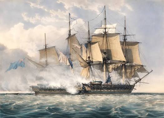 A painting of an engagement between three East India Company ships and two French vessels, 8 March 1757'. Painted by Auteur Lawson Dunn. Three homeward bound East Indiamen, the 'Suffolk', 'Houghton' and '