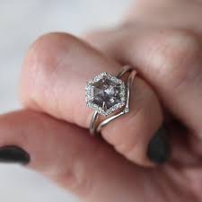 1 38 Carat Hexagon Salt Pepper Diamond Halo Engagement Ring 14k White Gold Peridot Engagement Rings White Gold Wedding Rings Hexagon Engagement Ring