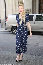 Amber heard american actress blonde blue dress. Amber Heard Looks Chic In A Navy Polka Dot Dress After Tv Appearance Amber Heard Style Amber Heard Navy Polka Dot Dress