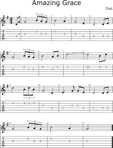 Amazing Grace for guitar - chords, tablature and standard notation