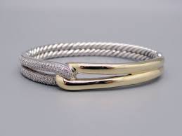 Stunning David Yurman Silver 18k Yellow Gold Diamond Labyrinth Loop Cable Bangle Bracelet