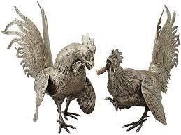 Three rooster cockerels are in cages. Fighting Cockerel Ornaments In German Silver Ac Silver
