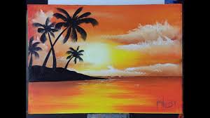 In the foreground there are silhouettes of swaying palm trees with string lights and an umbrella with two i found it easiest to draw the chair on a sketch paper first and then transfer it with graphite paper. How To Paint Easy Palms With A Sunset Palm Island Sunset Painting Palm Trees Painting Painting