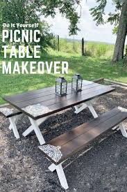 Does Your Old Picnic Table Need Some Love Join Me For A Simple Yet Extremely Impactful Picnic Tab In 2020 Picnic Table Makeover Diy Picnic Table Painted Picnic Tables