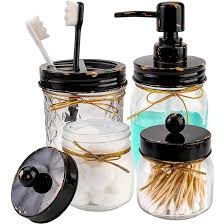 The rustic glass soap dispenser features a chunky round body with ridged sides and a stylish antique brass lid. Red Barrel Studio Bathroom Accessories Set With Lids Foaming Soap Dispenser Cotton Swab Holder Set Toothbrush Holder For Bathroom Rustic Farmhouse Bathroom Decor 4 Pcs Wayfair