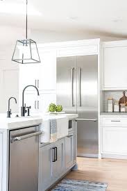 Gray Island With Dishwasher And Farm Sink Transitional Kitchen