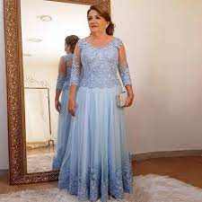 Elegant Plus Size Light Blue Mother Of The Bride Groom Dresses With 3 4 Illusion Sleeves Applique Sequins Tulle Evening Formal Dress From Stunningdress88 81 6 Bride Dress Mother Of The Bride Dresses