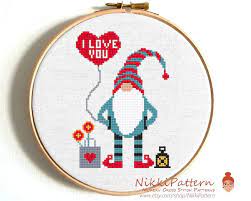 Model stitched two over one on 14 ct. Love Gnome Cross Stitch Pattern Gnome Set Love Counted Cross Etsy Punto De Cruz Bordados En Punto Cruz Puntos De Bordado