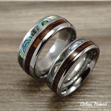 New Tungsten Wedding Band Set With Mother Of Pearl Abalone And Koa Wood Inlay 6mm 8 Tungsten Wedding Band Sets Tungsten Wedding Bands Custom Wedding Rings