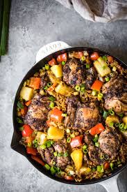 One Pan Caribbean Jerk Chicken With Pineapple Coconut Rice Ambitious Kitchen Recipe Caribbean Jerk Chicken Jerk Chicken Healthy Dinner Recipes
