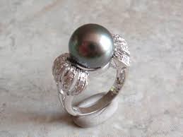 Antique Black And White Pearl Ring Black Pearl Ring 11mm Tahitian 18k White Gold Diamond Vintage Black Pearl Ring Pearl Ring Tahitian Pearl Ring