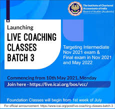 Through this portal, student registered at bos icai can redeem coupon/s issued to them and get their desired study materials at their door step. The Institute Of Chartered Accountants Of India Live Coaching Classes Batch 3 Commencing From 10th May 2021 At 7 Am Respectively For Students Of Intermediate Course Appearing In Nov 2021 Exams