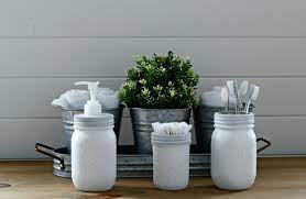Instead of buying expensive glasses and jars, take the regular ones with silverish lids. Farmhouse Mason Jar Bathroom Set Week 2 Bathroom Remodel Knick Of Time